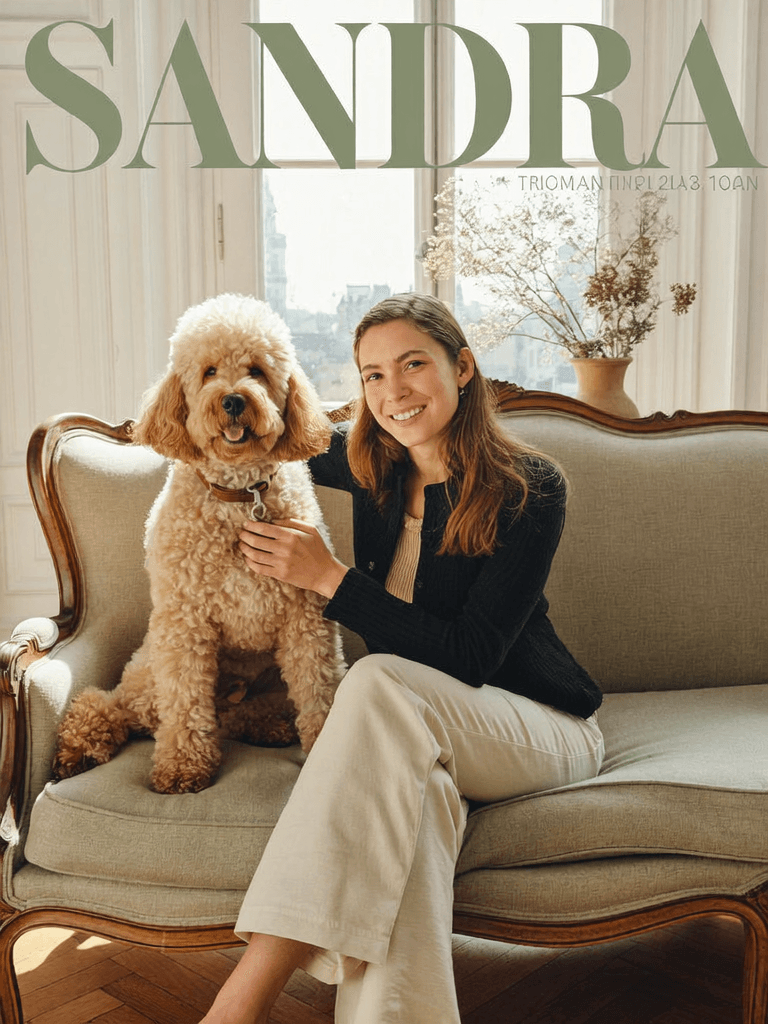 Mila, caniche royal abricot, sur un canapé en lin naturel